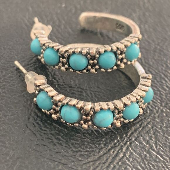 Western Hopi Navajo Style Faux Turquoise & Sterling Silver 925 Hoop Earrings NEW - Picture 3 of 12
